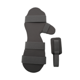 Black Resting Hand Orthosis with three wide adjustable straps and an additional padded thumb support strap, made in the USA, .