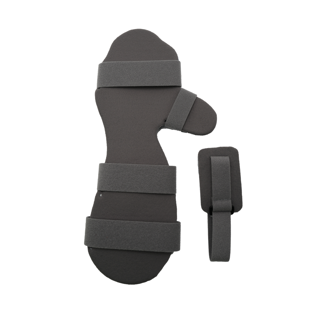 Black Resting Hand Orthosis with three wide adjustable straps and an additional padded thumb support strap, made in the USA, .