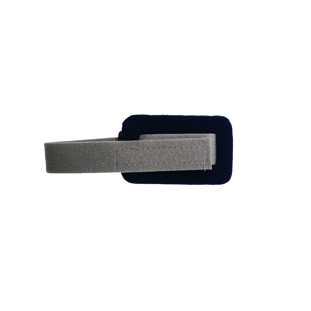 Small rectangular navy blue resting hand orthosis accessory with attached light gray adjustable strap, made in the USA, part .