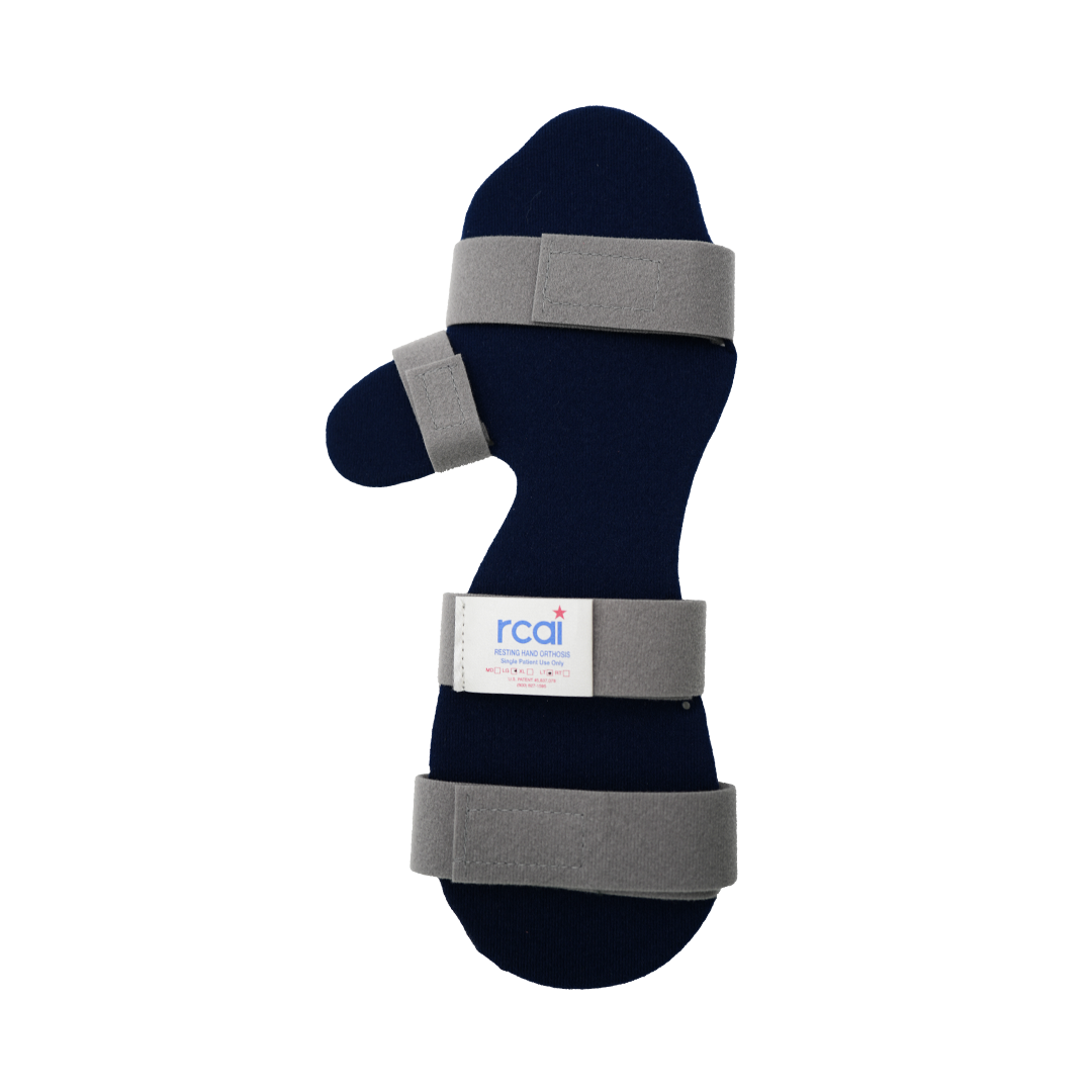 Navy blue resting hand orthosis with three gray adjustable straps, made in the USA, rcai branding, best orthopedic braces.