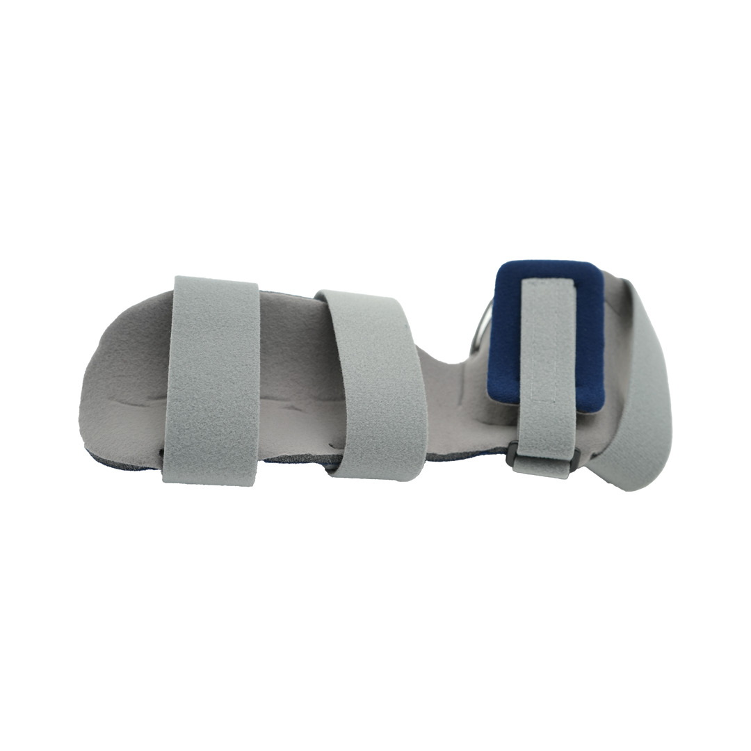 Gray resting hand orthosis with three adjustable padded straps, featuring a blue cushioned wrist support, made in the USA,.