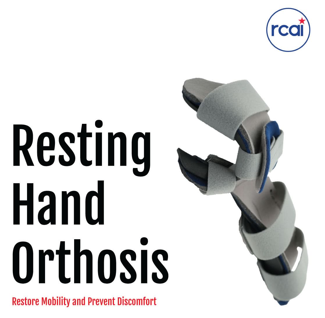 Gray resting hand orthosis with adjustable velcro straps and blue anatomical support, made in the USA by RCAI, ideal for B2B .