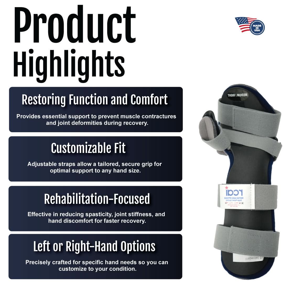 Gray resting hand orthosis with adjustable straps and padded support, designed for right or left hand use, made in the USA.