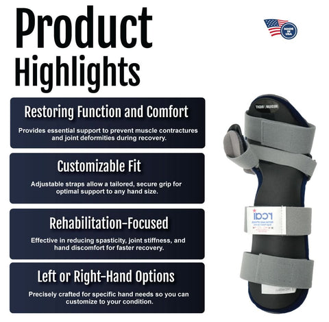 Gray resting hand orthosis with adjustable straps and padded support, designed for right or left hand use, made in the USA.