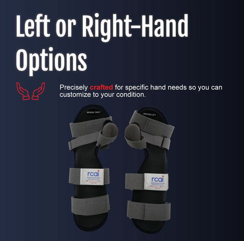 Pair of black resting hand orthoses with adjustable straps, labeled for left and right hands, made in the USA, RCAI, best.