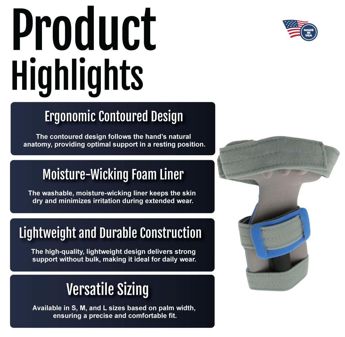Gray adaptable contour hand orthosis with ergonomic design, blue adjustable strap, moisture-wicking foam liner, lightweight.