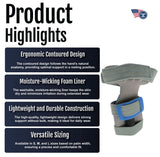 Gray adaptable contour hand orthosis with blue adjustable strap, ergonomic design, moisture-wicking foam liner, lightweight.