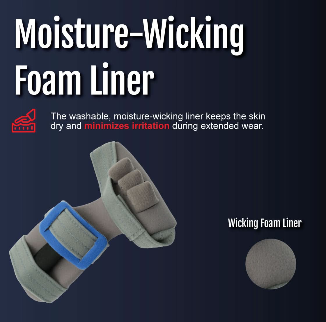 Adaptable Contour Hand Orthosis with gray moisture-wicking foam liner and adjustable blue strap, made in the USA, best.