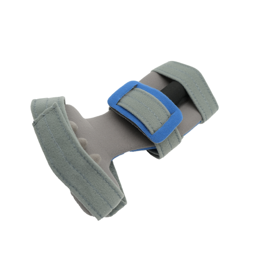Adaptable contour hand orthosis in gray with blue adjustable strap, made in the USA, best orttopedic braces by RCAI for B2B.