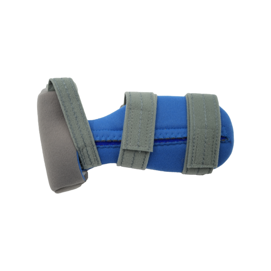 Blue and gray adaptable contour hand orthosis with three gray adjustable straps, made in the USA, best orttopedic braces by.