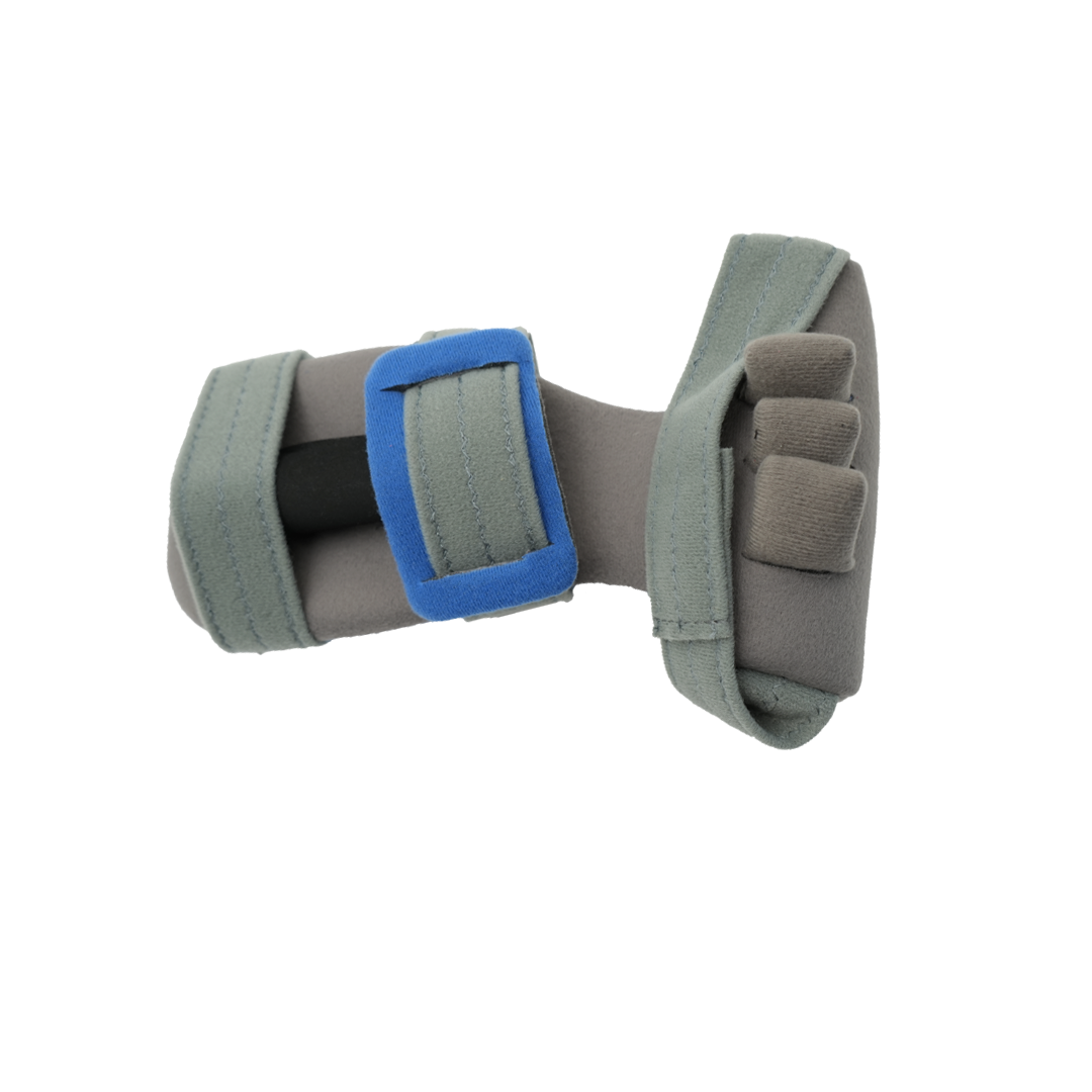 Gray and black adaptable contour hand orthosis with blue padded strap, made in the USA, best orthopedic brace from RCAI for.
