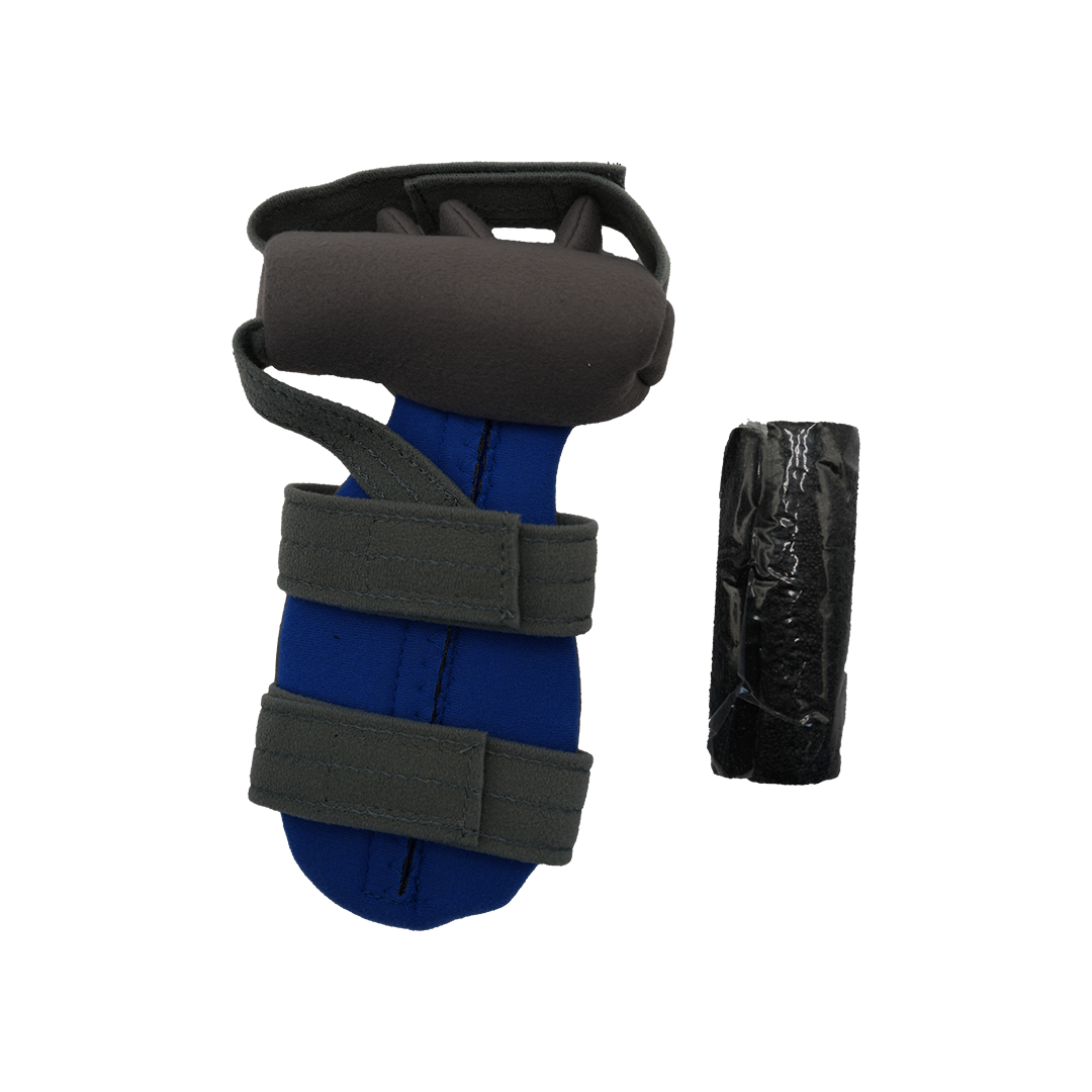 Blue and black adaptable contour hand orthosis with adjustable straps and black supportive wrap, made in the USA, best.