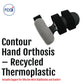 Grey Contour Hand Orthosis with black adjustable straps, made in the USA, designed for wrist stabilization, branded with.