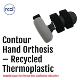 Contour Hand Orthosis brace in gray recycled thermoplastic with black adjustable straps, offering sturdy wrist and thumb.