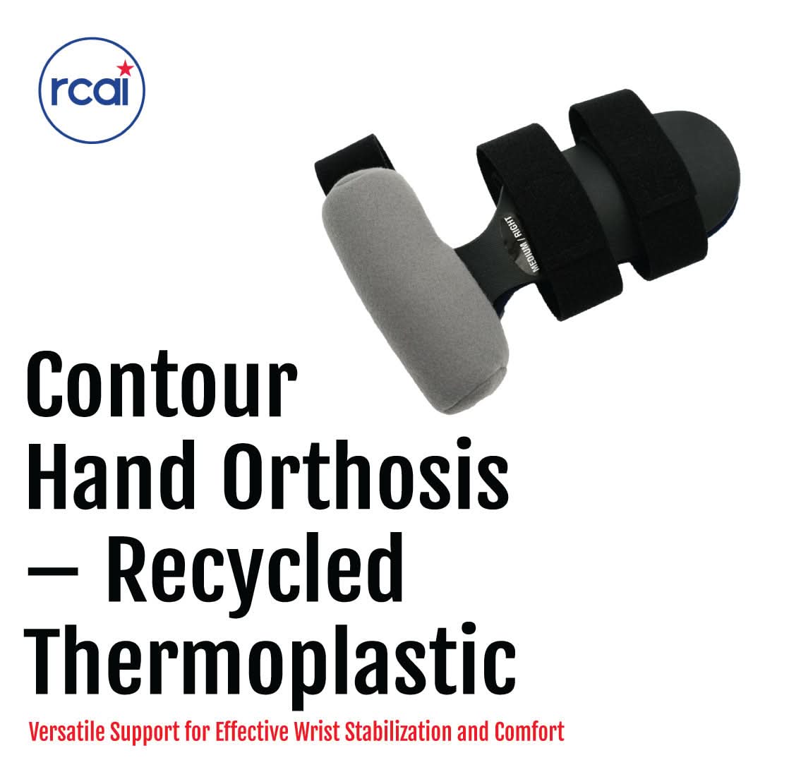 Contour Hand Orthosis brace in gray recycled thermoplastic with black adjustable straps, offering sturdy wrist and thumb.