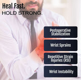 Man wearing a black Contour Hand Recycled Thermoplastic brace on left wrist over white shirt, promoting made in the USA,.