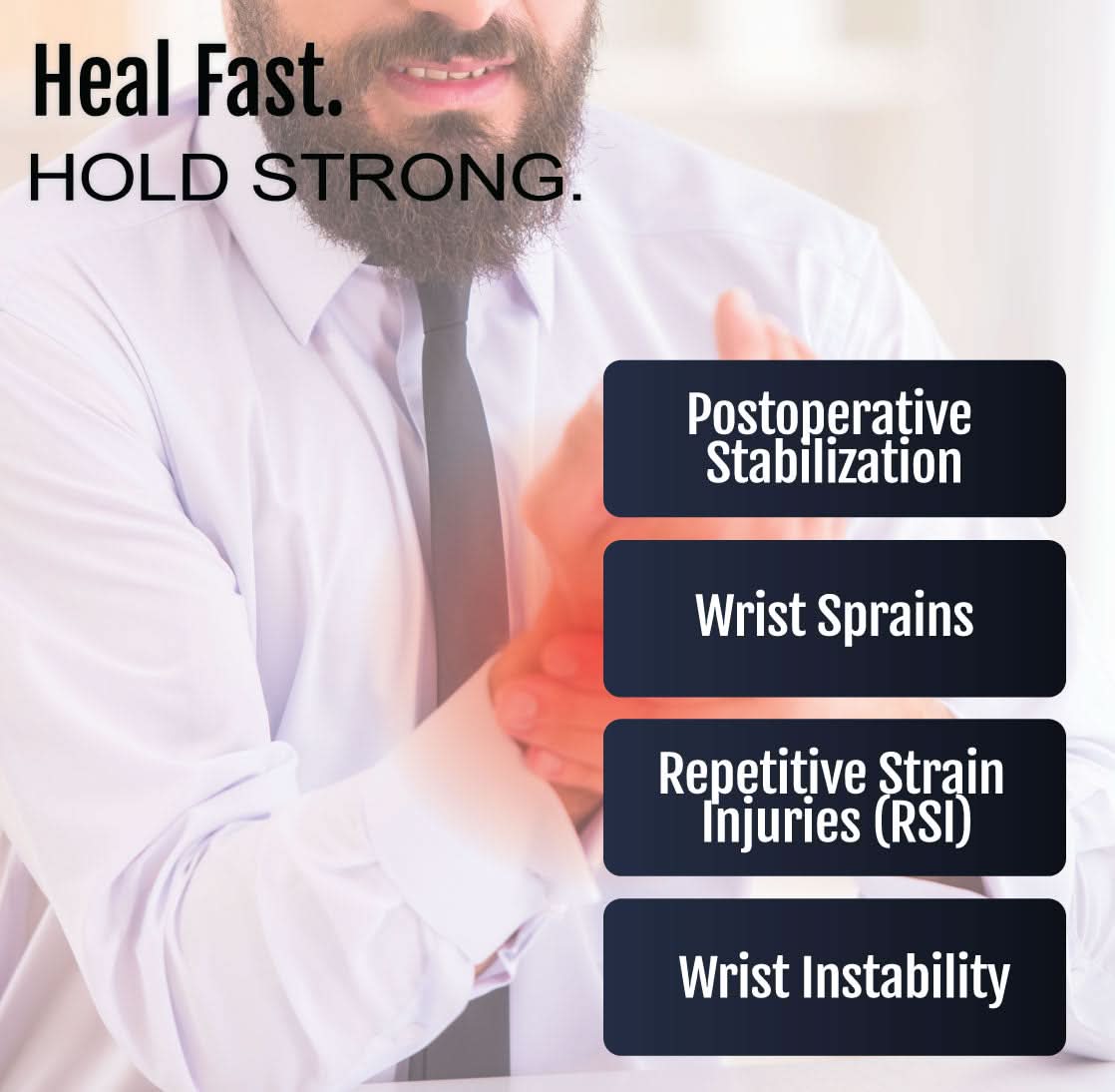 Man wearing a black Contour Hand Recycled Thermoplastic brace on left wrist over white shirt, promoting made in the USA,.