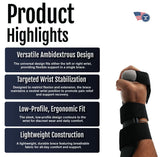Black low-profile contour hand brace with ambidextrous design supporting wrist stabilization, made in the USA by RCAI, ideal .
