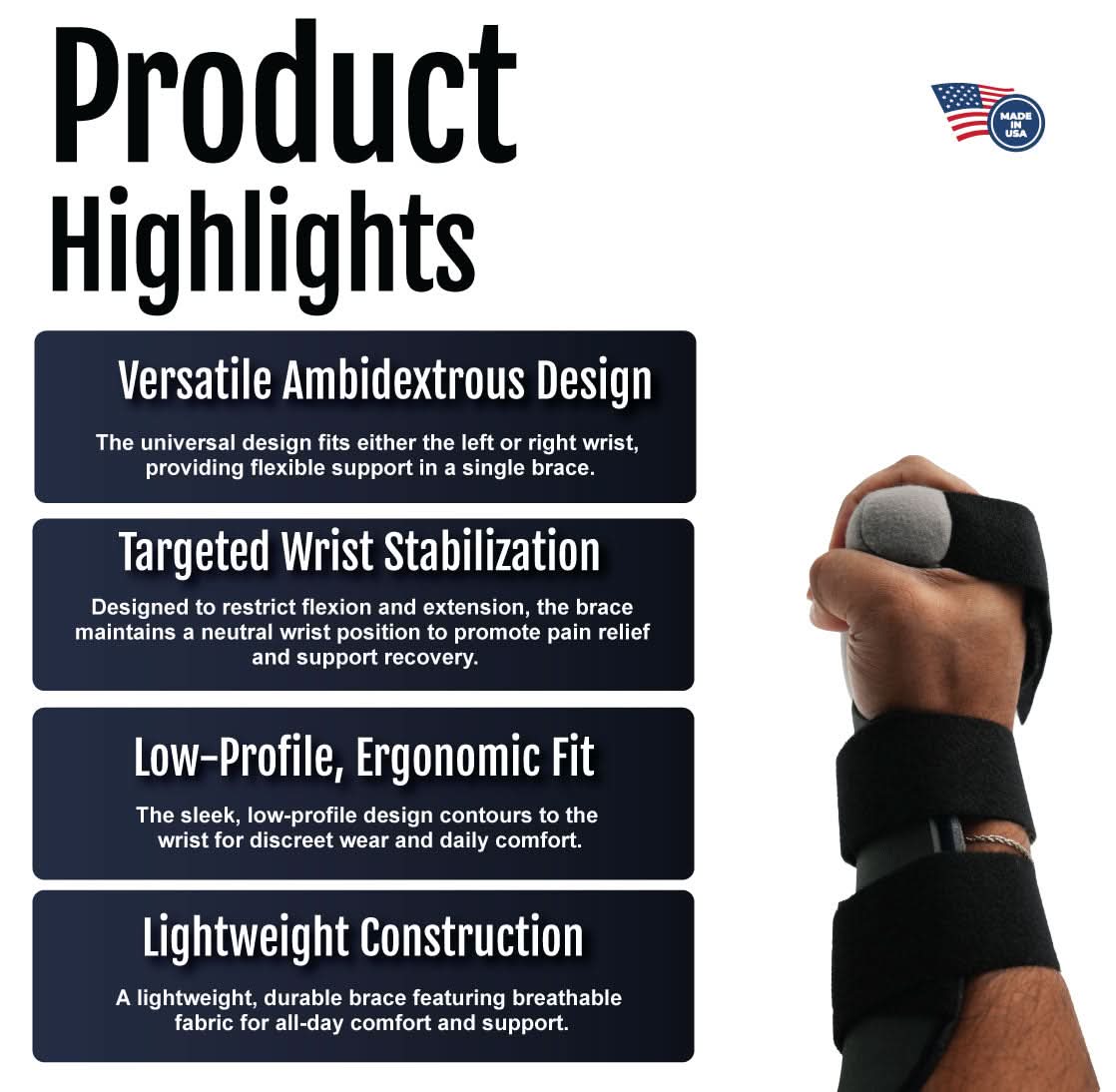 Black low-profile contour hand brace with ambidextrous design supporting wrist stabilization, made in the USA by RCAI, ideal .