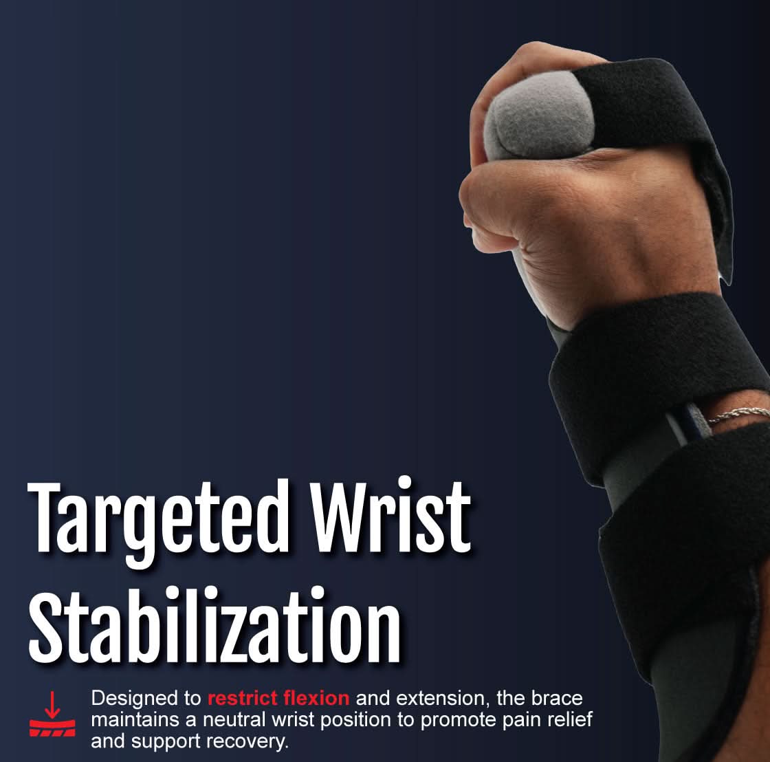 Black Contour Hand Recycled Thermoplastic brace securing wrist with adjustable straps, made in the USA, best orthopedic.