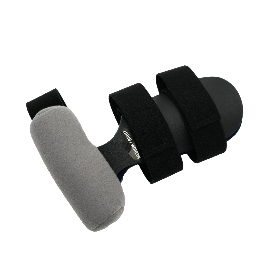 Black and gray Contour Hand recycled thermoplastic orthotic brace with two wide adjustable black straps, foam padding on the .