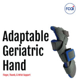 Gray and blue adjustable geriatric hand brace with straps for finger, thumb, and wrist support by RCAI, made in the USA,.
