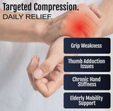 Adaptable geriatric hand brace in beige with wrist, finger, and thumb support worn on a hand showing red highlight on wrist, .