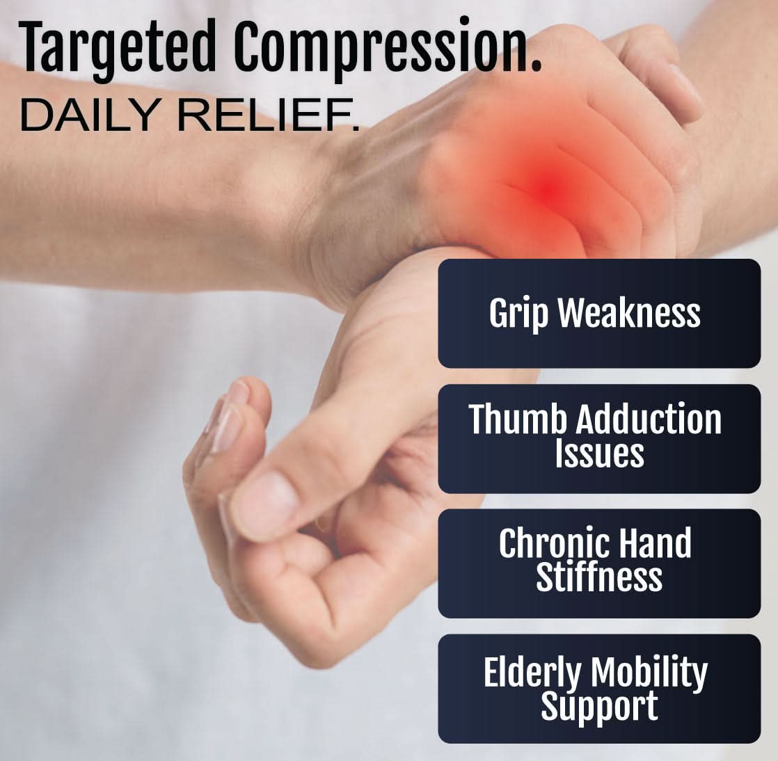 Adaptable geriatric hand brace in beige with wrist, finger, and thumb support worn on a hand showing red highlight on wrist, .