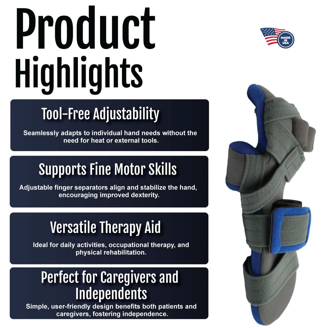 Blue and gray adaptable geriatric hand brace with finger, thumb, and wrist support, made in the USA by RCAI, best orthopedic .