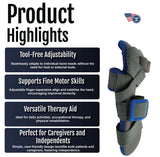 Blue Adaptable Geriatric Hand brace by RCAI with finger, thumb, and wrist support, made in the USA, best orthopedic brace.