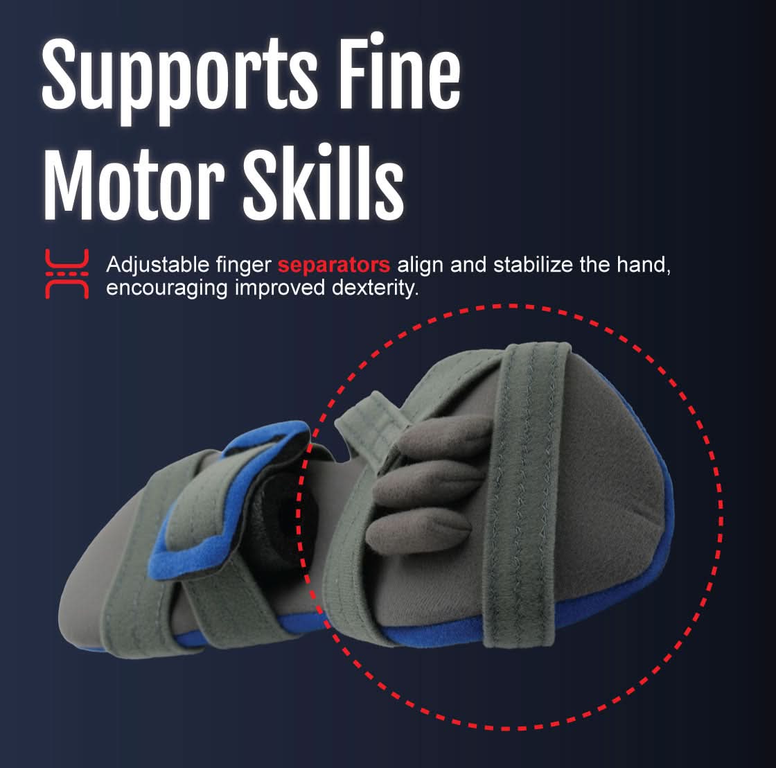 Blue and gray Adaptable Geriatric Hand brace by RCAI with adjustable straps supporting finger, thumb, and wrist, made in the .