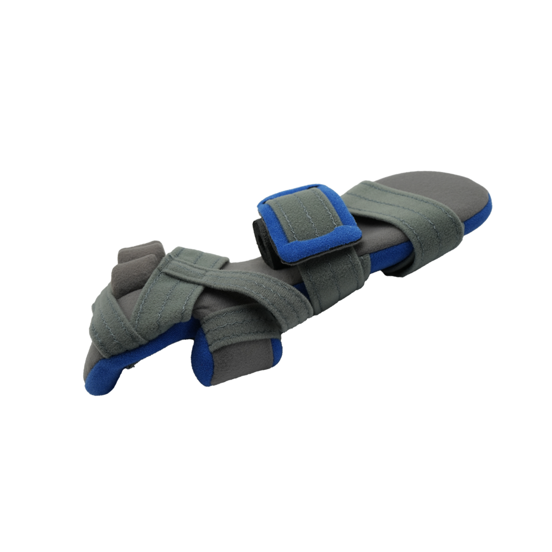 Adjustable geriatric hand brace in gray and blue with padded finger, thumb, and wrist support, made in the USA by RCAI,.