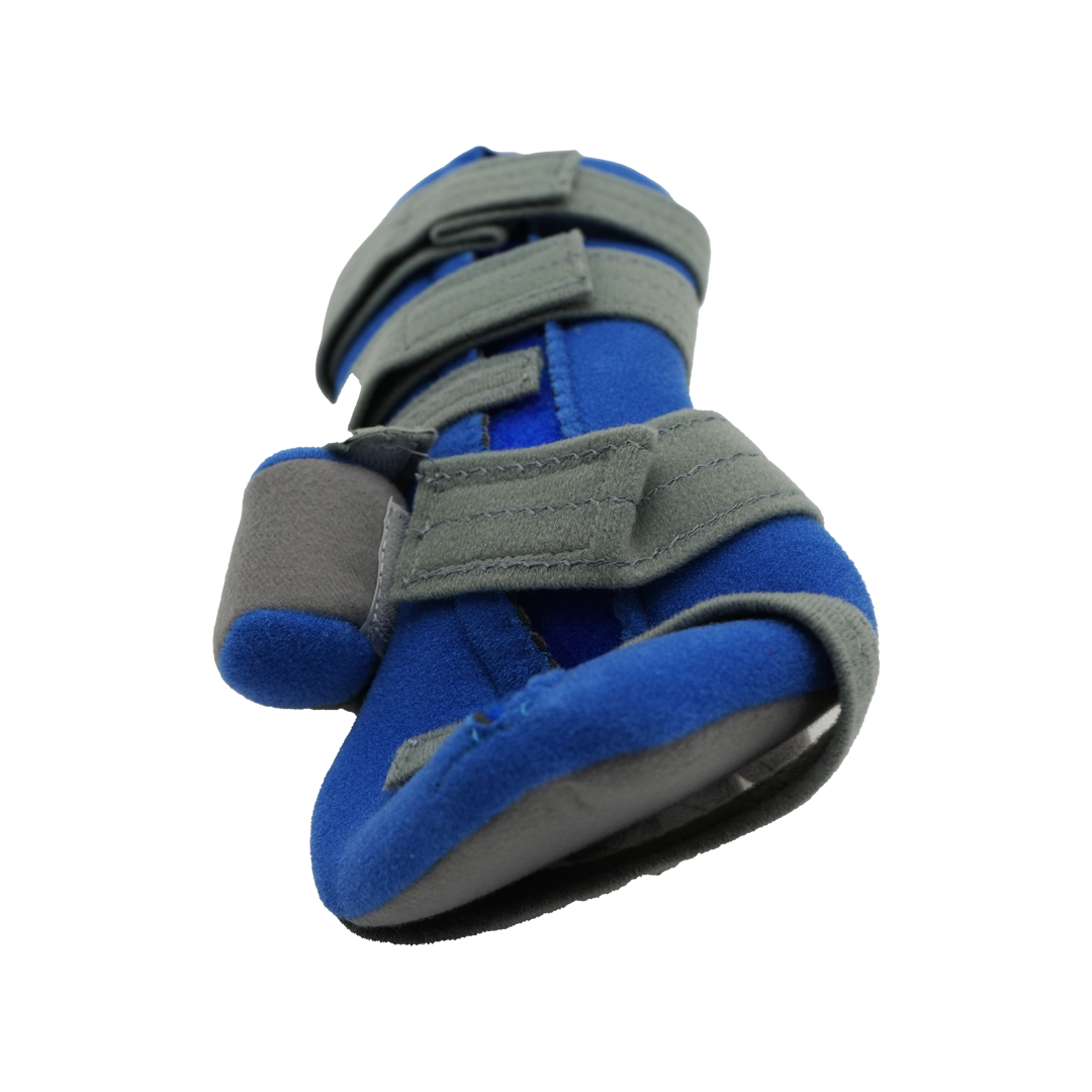 Blue and gray RCAI Adaptable Geriatric Hand brace with adjustable wrist, thumb, and finger supports, made in the USA,.