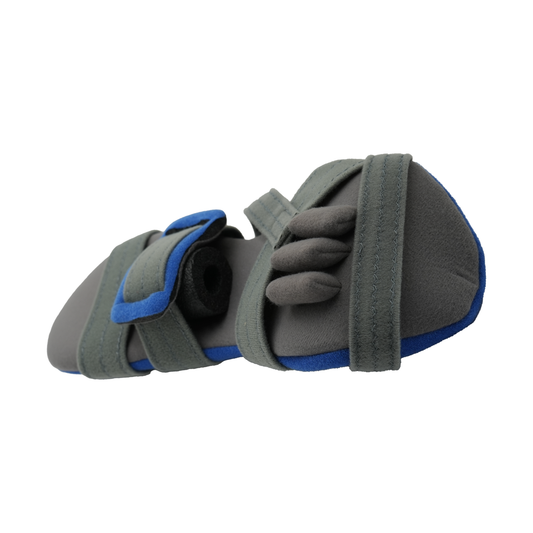 Gray and blue adaptable geriatric hand brace with finger, thumb, and wrist support, made in the USA by RCAI, best orthopedic .
