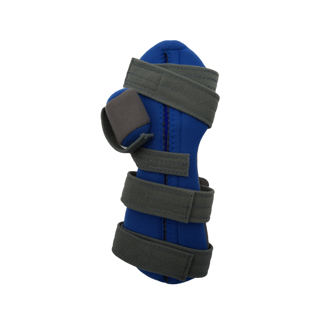 Blue adult hand brace with four adjustable dark gray straps, reinforced stitching, designed for geriatric support, made in.