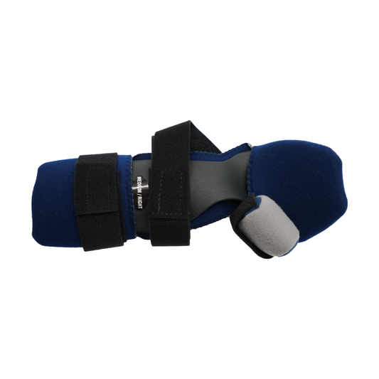 Blue and gray RCAI geriatric hand orthosis with black adjustable straps, made in the USA, best orthopedic braces for B2B.