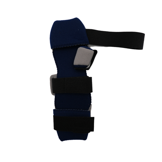 Navy blue geriatric hand orthosis with black adjustable straps, gray support pad, made in the USA, RCAI b2b orthopedics.