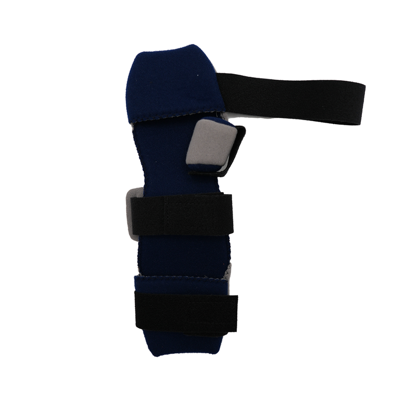 Navy blue hand orthosis with black adjustable straps and gray padded support pieces for wrist and finger stabilization.