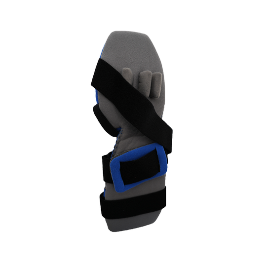 Geriatric hand orthosis in gray and blue with black adjustable straps, finger separation accessory, designed for left or.