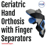 RCAI geriatric hand orthosis with blue finger separators, black and gray adjustable straps, made in the USA, best orthopedic .