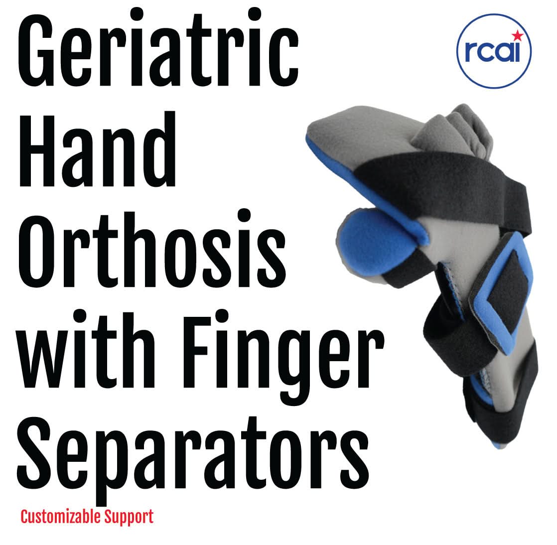 RCAI geriatric hand orthosis in black and gray with blue finger separators, adjustable straps, made in the USA, best.