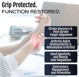 RCAI geriatric hand orthosis worn on a raised hand, showing finger separators; highlights stroke recovery, arthritis relief, .