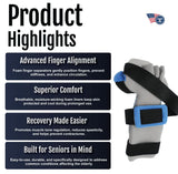 RCAI geriatric hand orthosis with gray foam finger separators and black adjustable strap featuring blue trim, labeled made.