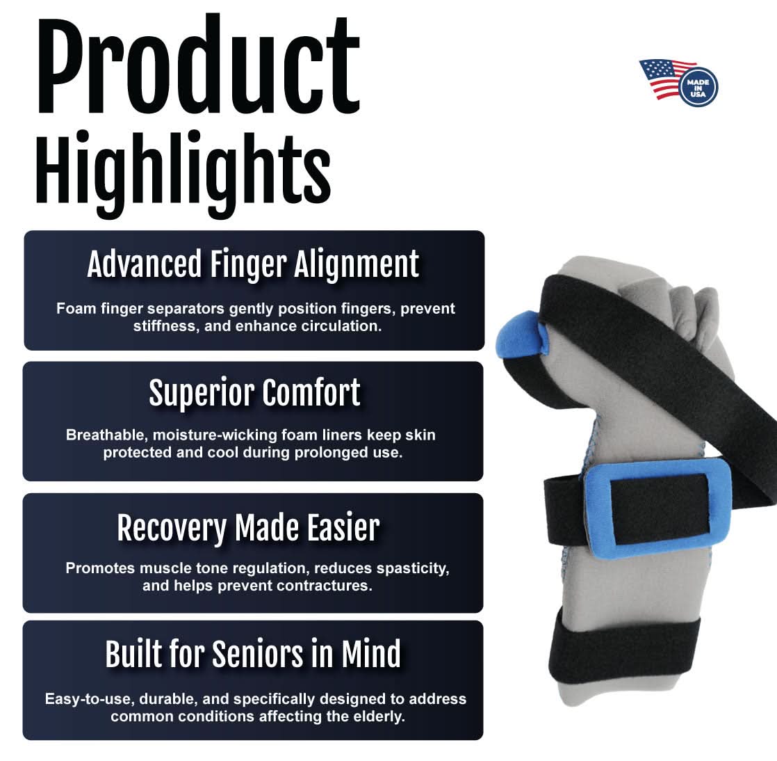 RCAI geriatric hand orthosis with gray foam finger separators and black adjustable strap featuring blue trim, labeled made.