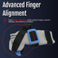 RCAI geriatric hand orthosis with blue finger separators, black straps, gray padded material, designed for advanced finger.