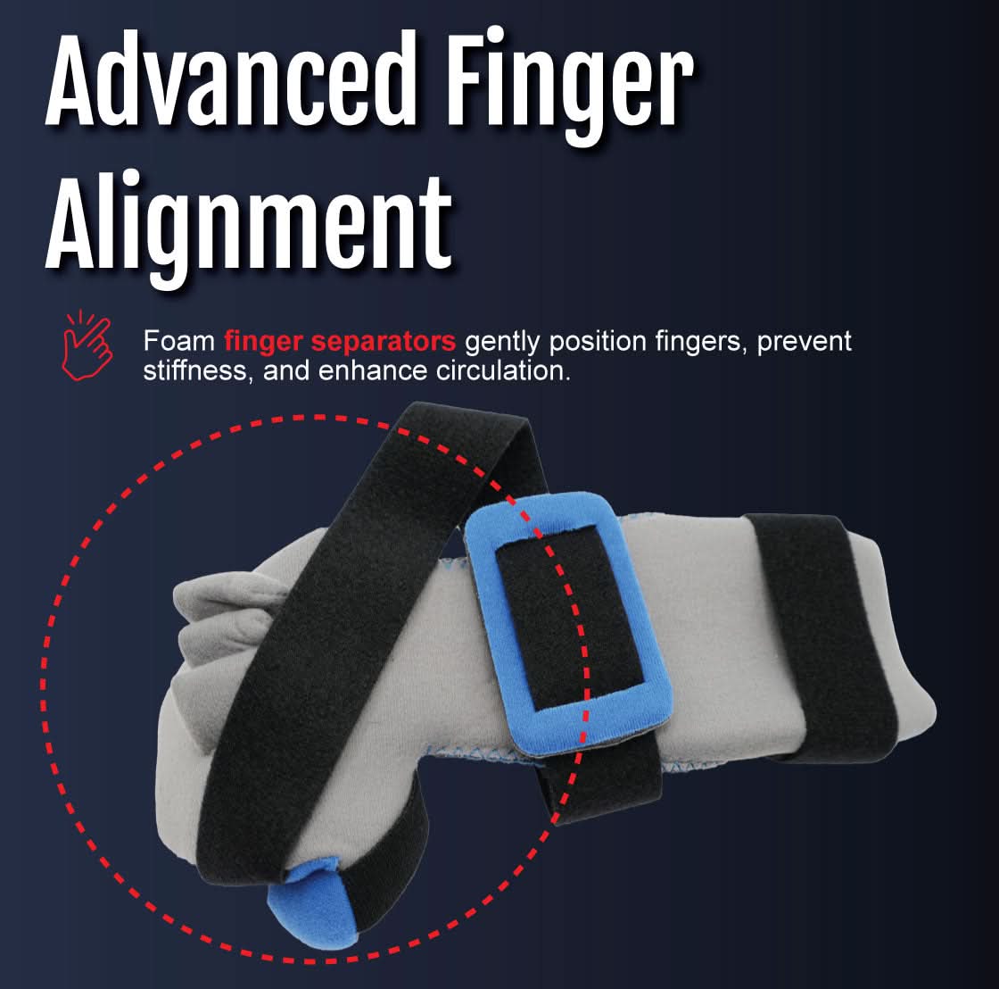 RCAI geriatric hand orthosis with blue finger separators, black straps, gray padded material, designed for advanced finger.