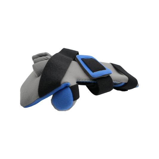 RCAI geriatric hand orthosis in gray and blue with black adjustable straps, made in the USA, featured in b2b ortopedics.