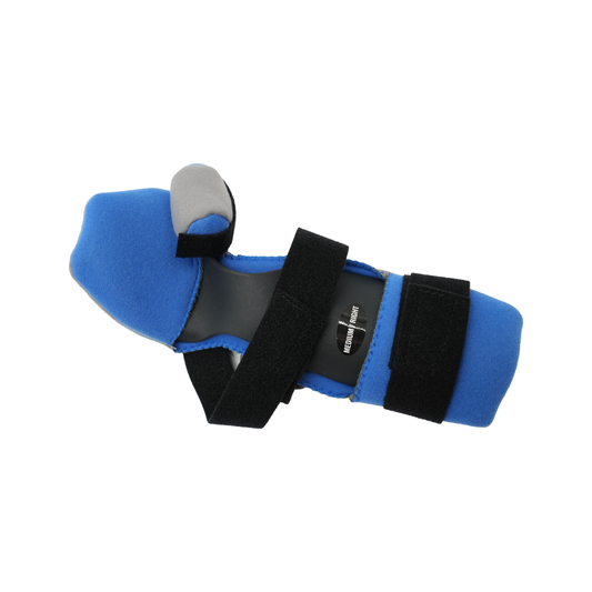 Blue and gray RCAI geriatric hand orthosis with finger separators, black adjustable straps, metal hinge, made in the USA,.