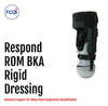 Black and white Respond ROM BKA rigid dressing brace with adjustable straps, designed for below-knee amputation support,.