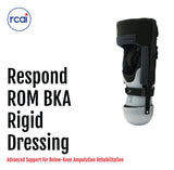 Respond ROM BKA rigid dressing in black and gray, featuring adjustable straps and molded support, made in the USA by RCAI,.